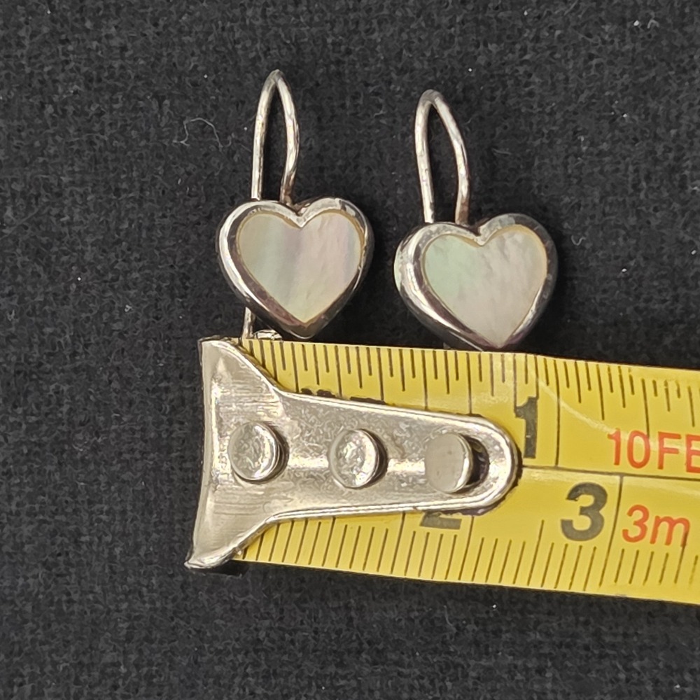 925 Sterling Silver And Mother Of Pearl Heart Shaped Dangle Earrings - Picture 4 of 4